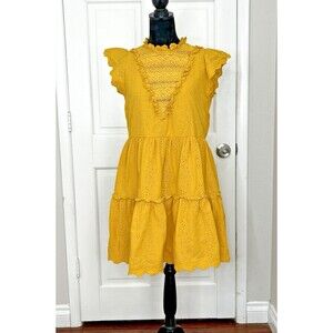 House of Harlow 1960 Dress Large Flutter Ruffle Mini Flare Mustard Cap Sleeve